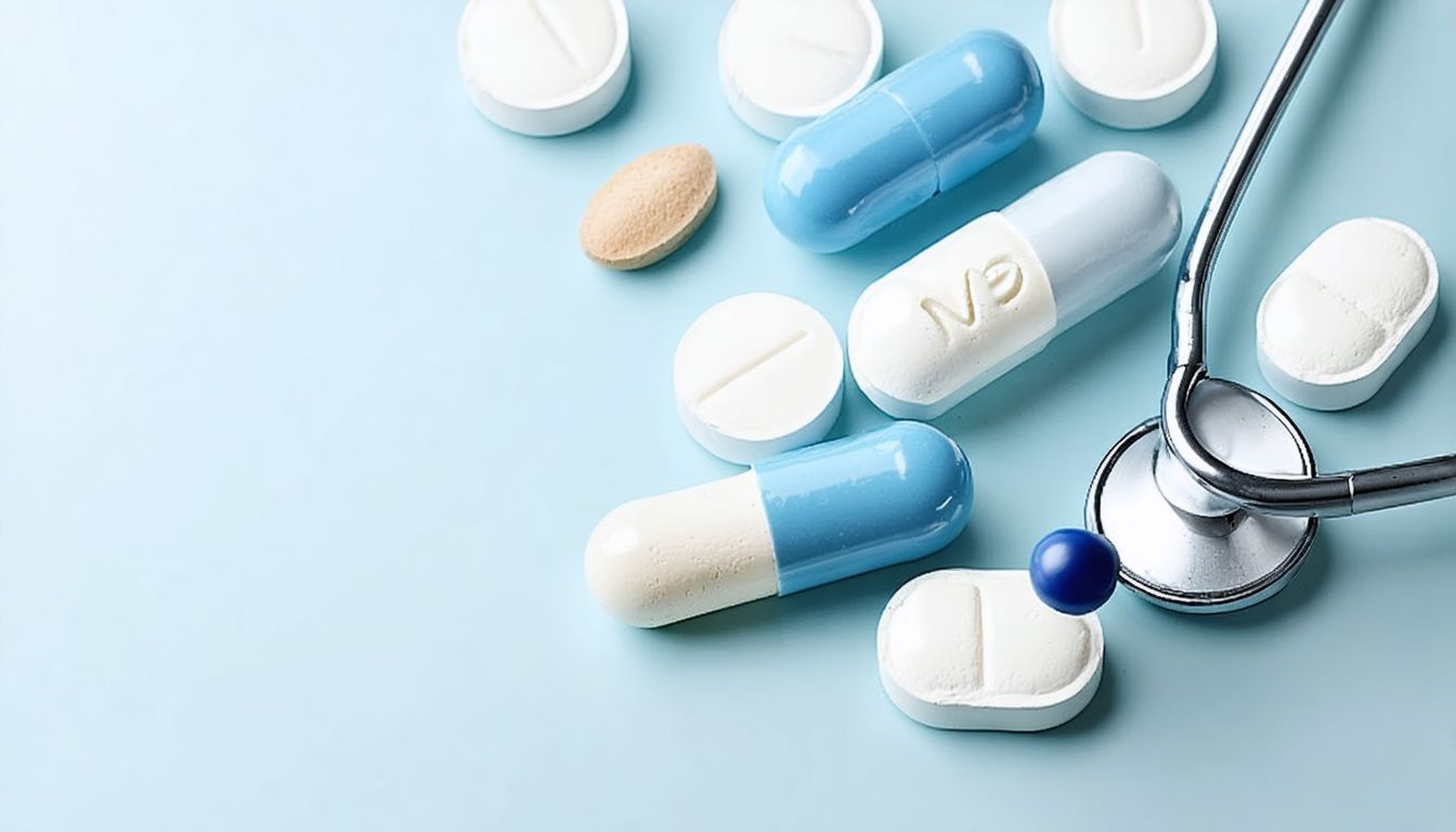 Man reviewing a checklist about men’s sexual health supplements while sitting at a desk with vitamins and a glass of water